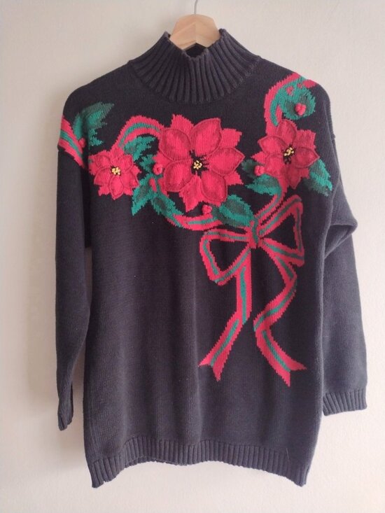 Picone Sport Sweaters - Vintage 90s Holiday Sweater L Pretty Bold Poinsettia Picone Sport Mock Neck